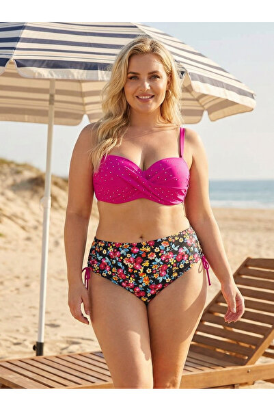 hazelin Fuchsia Floral Print Large Size Stone Embroidered Bikini - Lined Hzl2...