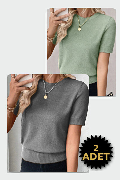 citystyle Μπλούζα με κοντό μανίκι Lycra Crew Neck 2 τεμαχίων σε γκρι-μέντα