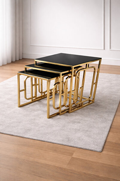 çelsan Kare Hedef 3’lü Zigon Sehpa Takımı – Gold Metal Ayaklı Siyah Cam – Yer...