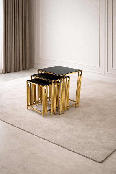 çelsan Kare Evol 3’lü Zigon Sehpa Seti – Gold Metal Ayaklı Siyah Cam – Yerli ...