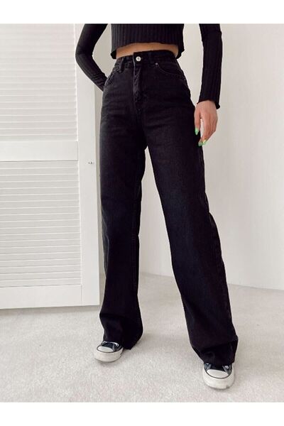 DRC trend بنطال جينز كاجوال من الليكرا أسود عالي الخصر - ساق واسعة