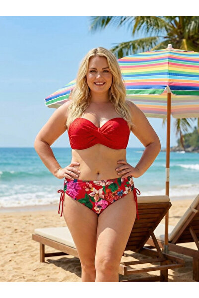 hazelin Women's Red Stone Embroidered Floral Pattern Large Size Bikini Set Hz...