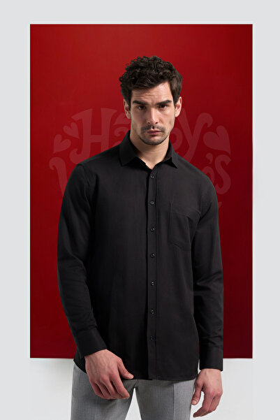 İmza قميص أسود ذو ياقة صلبة من القطن الكلاسيكي المريح 1004250213