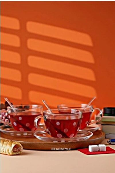 DECOSTYLE Kartanesi Desenli Fincan Takımı 6 Parça 2 Kişilik - Kaşıklı Şık Sun...