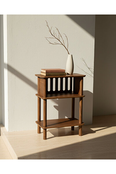 CMDWOOD Linde Ceviz Komodin Minimalist MDF lam ve Ahşap ayaklı Tasarım ; Yata...