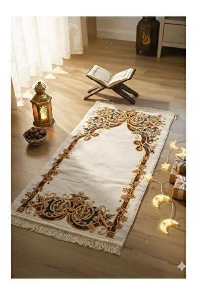 Believe NEDİME SİMLİ ŞÖNİLLİ ARKA KAPİTONELİ SAÇAKLI BEYAZ SECCADE 65*125