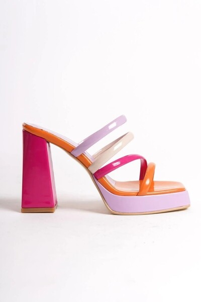 Shoesers Kadın Özel Tasarım Platform Topuklu Çok Renkli Rugan Abiye Terlik