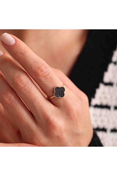 Sembol Gold Onix Taşlı Altın Yonca Yüzük