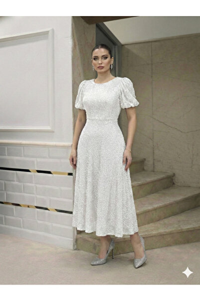 Elbee Fashion Woman Ekru Midi Boy Pul Payet Elbise