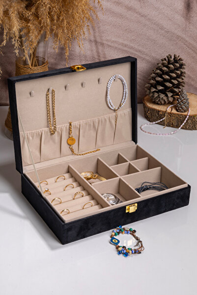 Ecrou Багатосекційний чорний оксамитовий органайзер, скринька для прикрас