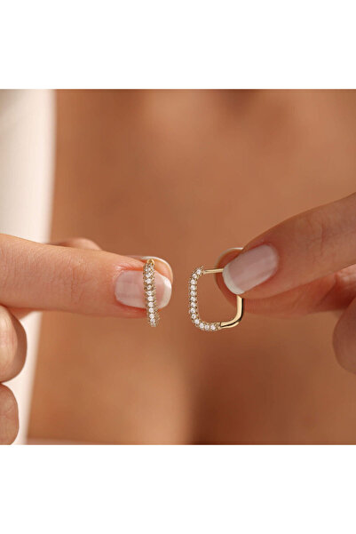 Sembol Gold Taşlı Altın Halka Küpe Kare Form 1.5 cm