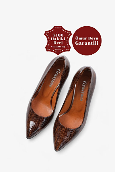 Grasyano Hakiki Deri Taba Stiletto Yılan Desenli Rugan Gerçek Deriden Şık Kon...