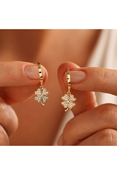 Sembol Gold Sallantılı Altın Yonca Küpe Kalp Form