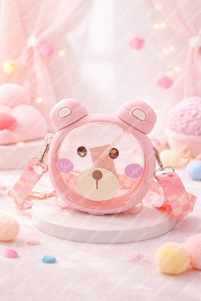 M&B WATER BOTTLE Sevimli Ayıcıklı Pembe Matara Çift Kapaklı, Pipetli Çocuk Ok...