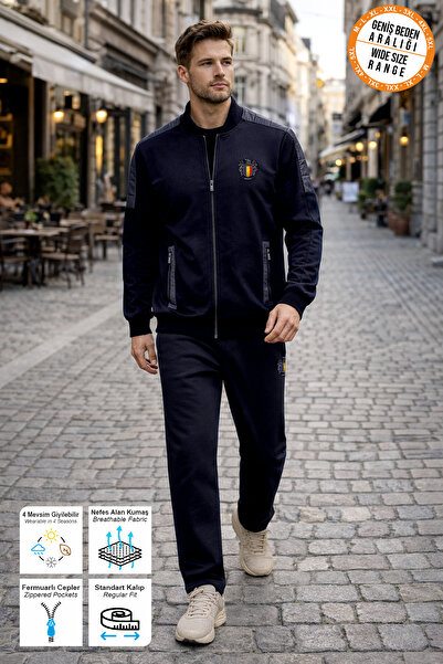 BESSA Navy Blue Romania Coat of Arms Printed Tracksuit Set with Zipper Pocket...