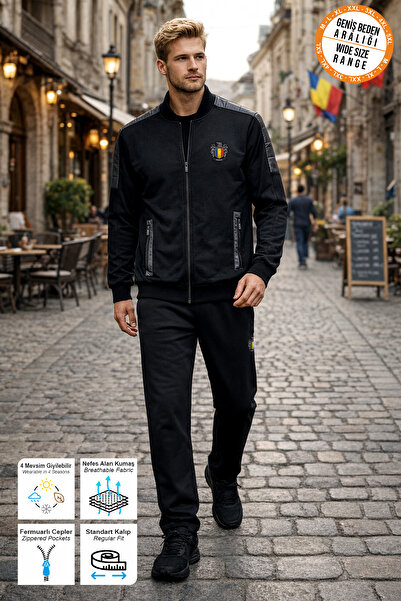 BESSA Black Romania Emblem Printed Tracksuit Set with Zipper Pockets, Straigh...