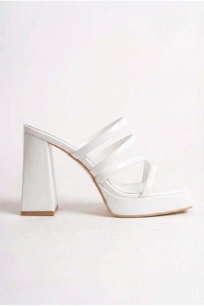 Shoesers Kadın Özel Tasarım Platform Topuklu Beyaz Rugan Terlik Gelinlik Ayak...