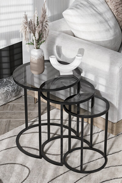 Huga Metal Ceylin Zigon Sehpa Siyah Metal Temperli Füme Cam