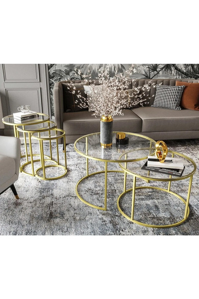 Huga Metal Yavrulu Orta Sehpa(75-60cm) C Zigon Sehpa Seti Mat Gold - Temperli...