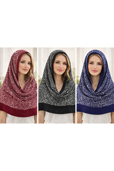 SOLENIA طقم شال قطني مكون من 3 قطع - أحمر - أسود - شال يومي بنمط عرقي باللون ...