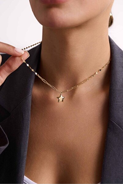 Sembol Gold 14 Ayar Altın Yıldız Kolye İtaly Aynalı ve Ataç Zİncirli