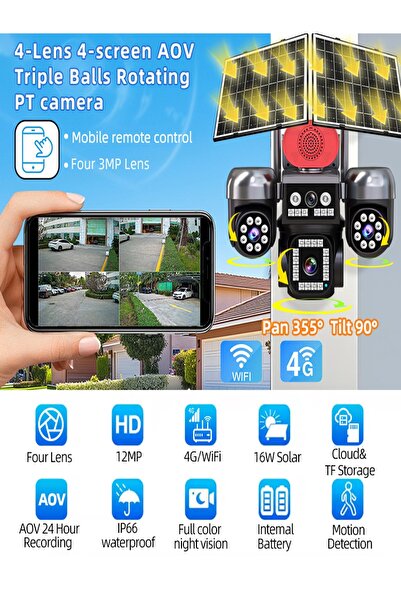jtech JT-S446 3mp+3mp+3mp+3mp 12MP Aov E-Sim 4g 2xSolar Panelli 4 Kameralı 3 Ptz Akıllı Kamera