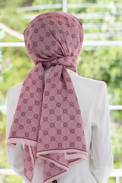Vissona Șal de 90x210 cu model de logo V din mătase 100% în culoare Dusty Rose