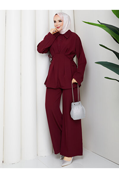 Mash Moda Women's Burgundy Tie-Dye Detailed Hijab Set – Long Sleeve Blouse & ...