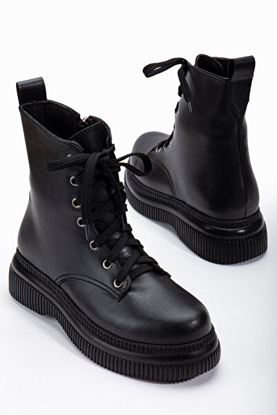 Tonny Black Γυναικείες μαύρες δερμάτινες μπότες με χοντρή θερμική σόλα με κορ...