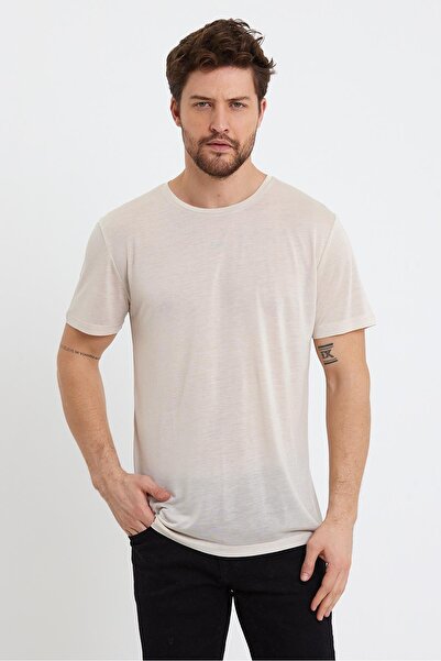 QUHOX Ανδρικό T-shirt από ύφασμα Tencel με λαιμόκοψη ποδηλάτου Stone