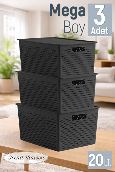 Trend Maison منظم متعدد الأغراض 20 لتر. صندوق تخزين بغطاء بلاستيكي 3 قطع