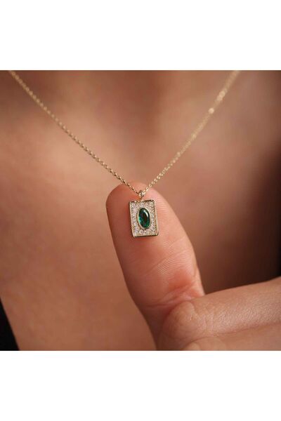 Sembol Gold Zümrüt Taşlı Altın Kolye Momento