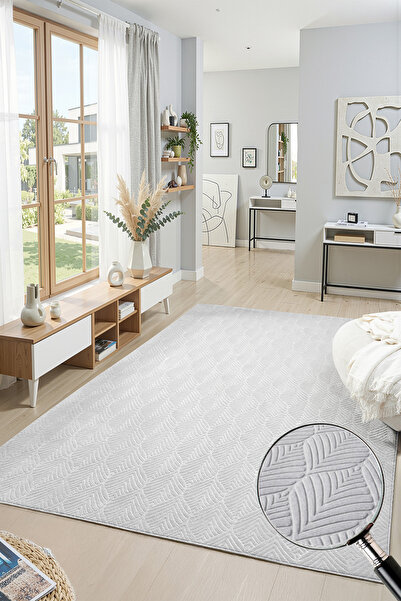 Raschel Carpet Premium Yıkanabilir Leke Tutmaz Yaprak Emboss Açık Gri Özel Se...