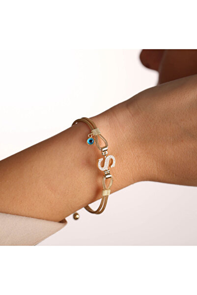 Sembol Gold Harf Bileklik 14 Ayar Altın Çift Zincirli Nazar Boncuklu