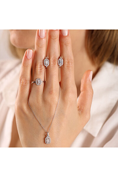 Sembol Gold 8 Ayar Beyaz Altın Baget Takı Seti (Zincir Dahil)