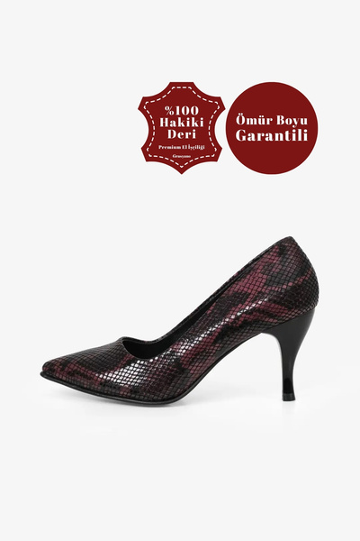 Grasyano Hakiki Deri Bordo Yılan Desenli Yumuşak Premium Deri Konforlu 7,5 Cm...