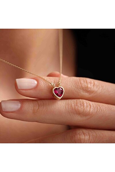 Sembol Gold Altın Kalpli Kolye Ruby
