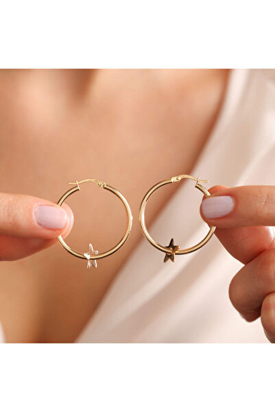 Sembol Gold 14 Ayar Altın Halka Küpe Yıldız Form 3.0 cm
