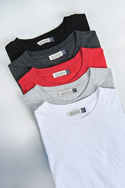 QUHOX Erkek %100 Pamuk Regular Kalıp 5 li T-Shirt Paketi Beyaz