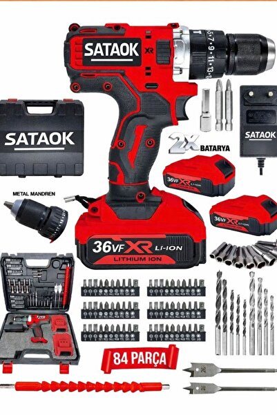 Sataok 36v 5ah 10mm Çelik Mandren i Şarjlı Matkap Akülü Vidalama 82 Parça mat...
