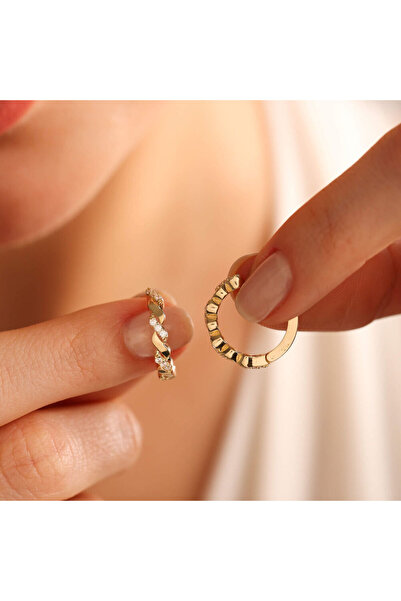 Sembol Gold Altın Halka Küpe 1.5 cm Sarma Form Taşlı
