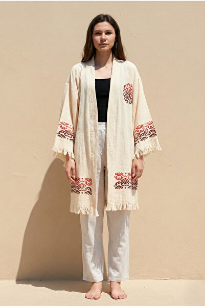 ZERLA Women’s 100% Cotton Hand Printed Boho Kimono with Belt – Made in Turkey