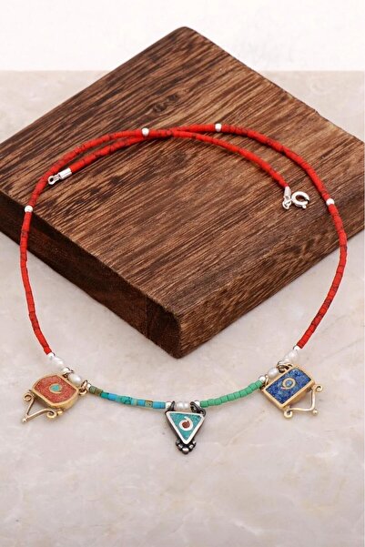 Sümer Telkari Doğal Taşlı Mozaik İşlemeli Gümüş Kolye 6527