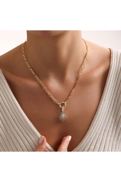 Sembol Gold Gözlü Charm Figaro Zincir Gemici Kilit 14 Ayar 45 cm