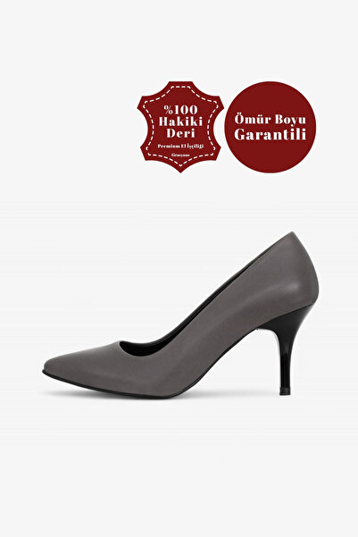 Grasyano Hakiki Deri Stiletto Antrasit Gri Sivri Burun Yumuşak Deri Sade Konf...