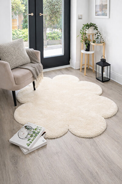 Lagom Life Krem Yonca Peluş Halı Dekoratif Lazer Kesim Peluş Halı Oda Halısı