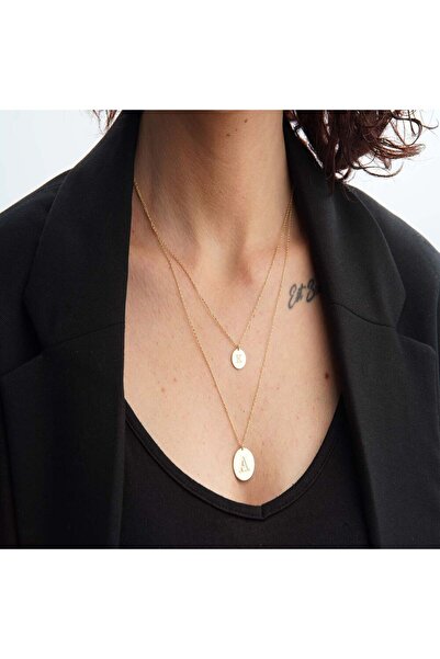 Sembol Gold Plaka Altın Harf Kolye 14 Ayar Sarı Altın Çift Zincirli