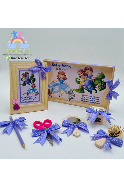 OEM Tăviță moț personalizată, 7 piese, "Prințesa Sofia" lila cu buline
