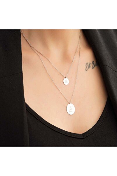 Sembol Gold Plaka Altın Harf Kolye 14 Ayar Beyaz Altın Çift Zincirli