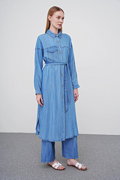 Zühre Denim Gömlek Yaka Beli Kuşaklı Giy Çık Mavi 0173